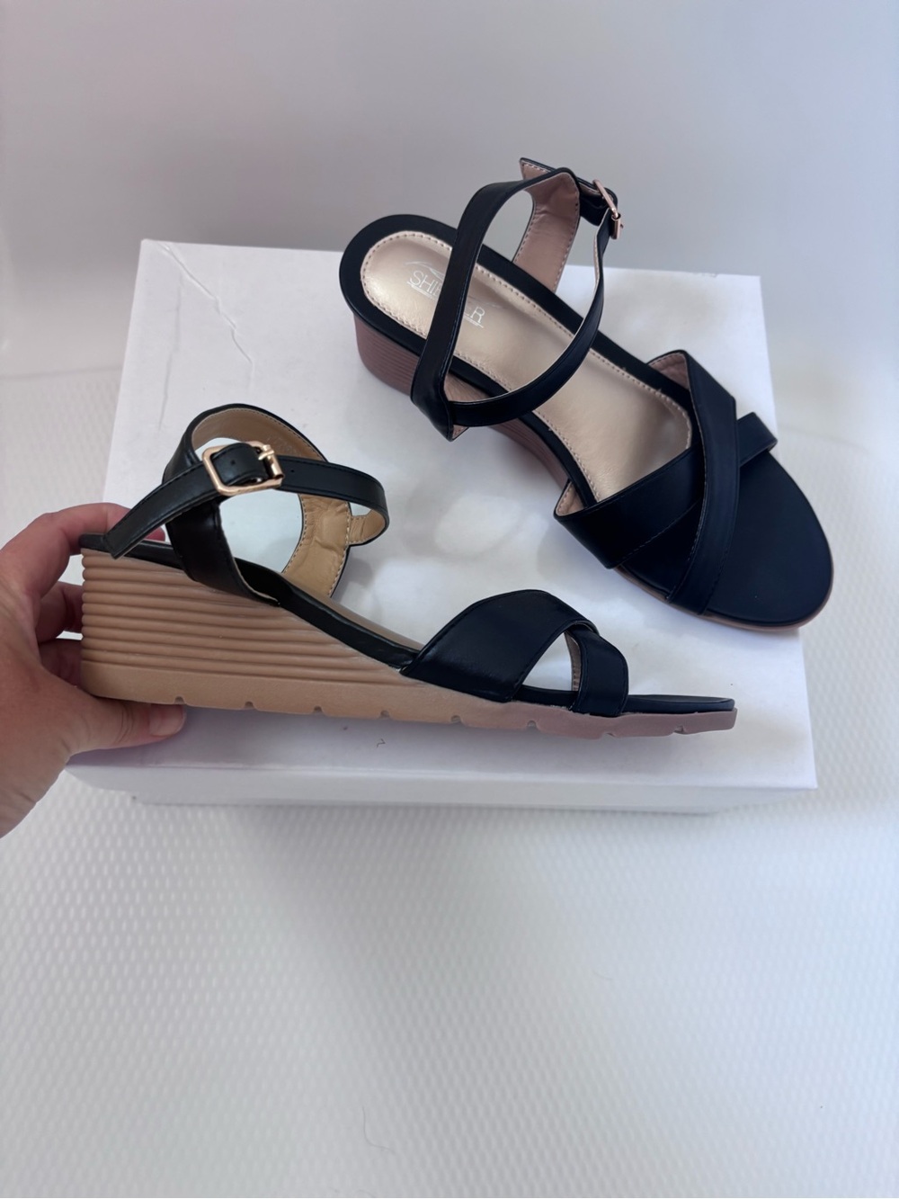 Women's Black Strappy Wedge Sandals with Tan Ribbed Wedge